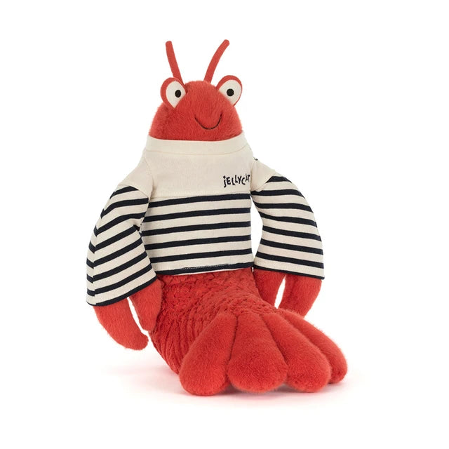 Stuffed Lobster toy in a striped nautical shirt