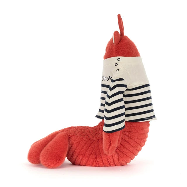 Stuffed Lobster toy in a striped nautical shirt