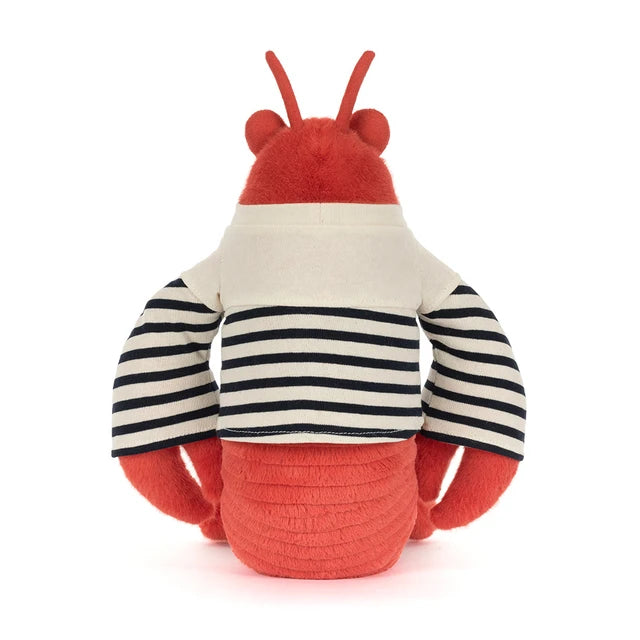 Stuffed Lobster toy in a striped nautical shirt