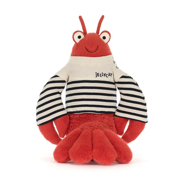 Stuffed Lobster toy in a striped nautical shirt
