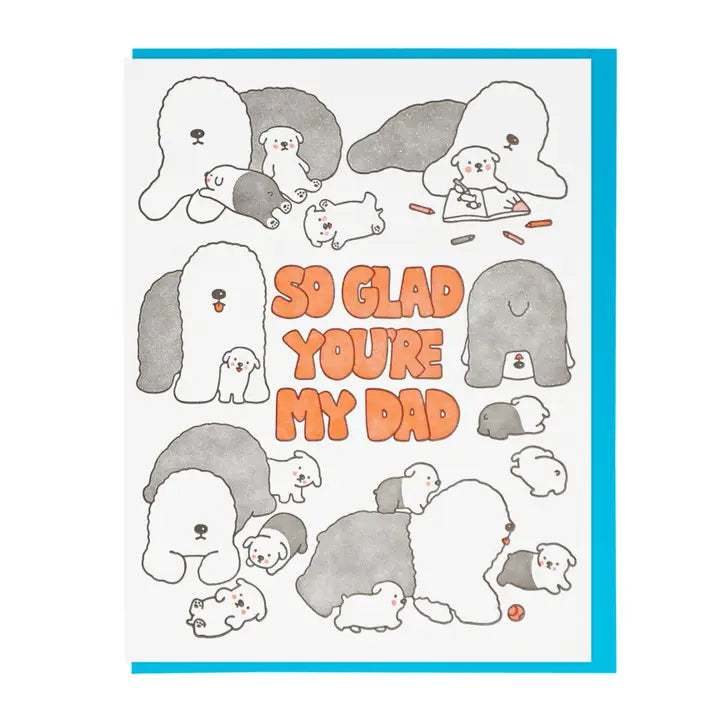 Card with cartoon dogs and 'So Glad You're My Dad' text on a white background
