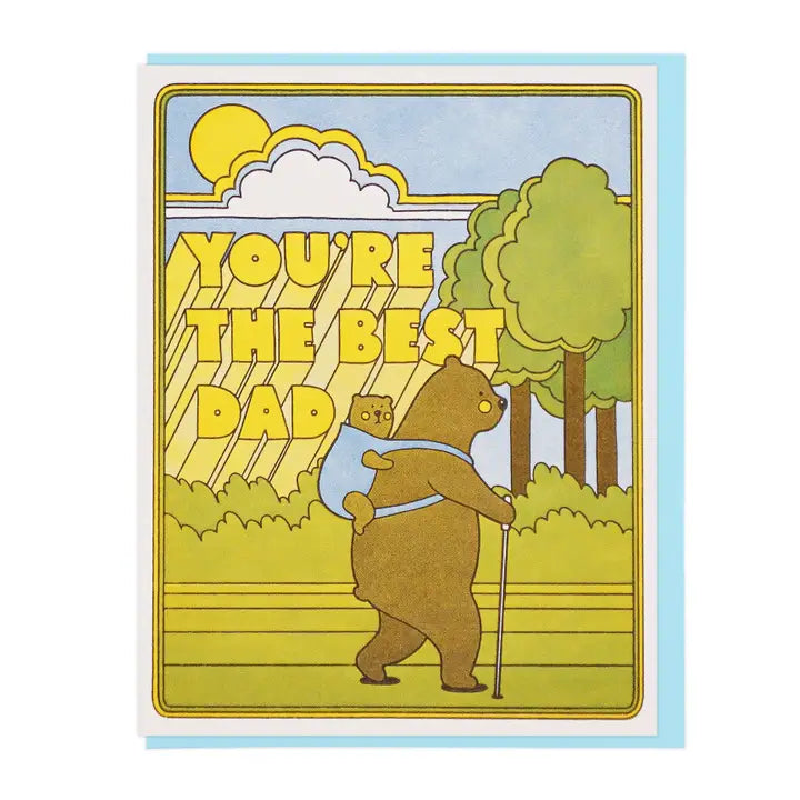 Card with bear holding a child and 'You're the best dad' text in a forest setting