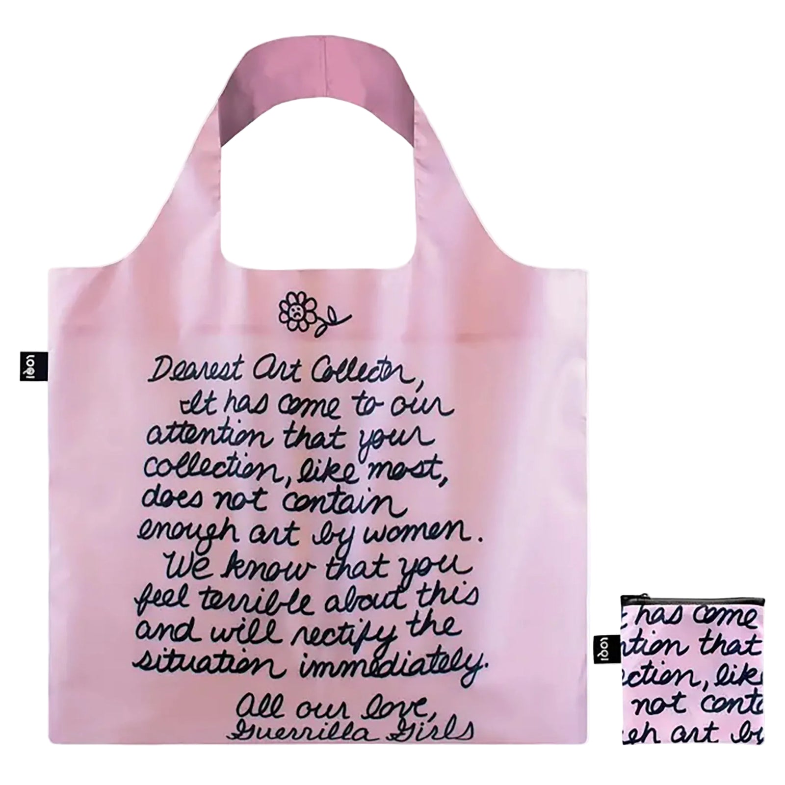 Pink tote bag with black text and a flower design on a white background