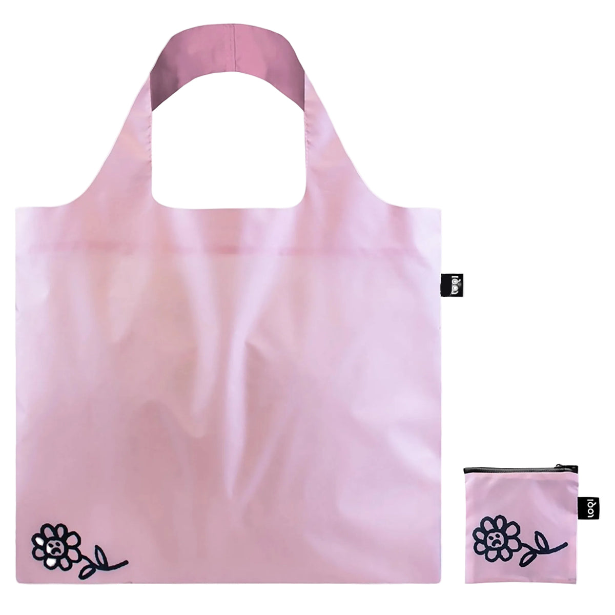 Pink reusable shopping bag with a flower design and on a white background.