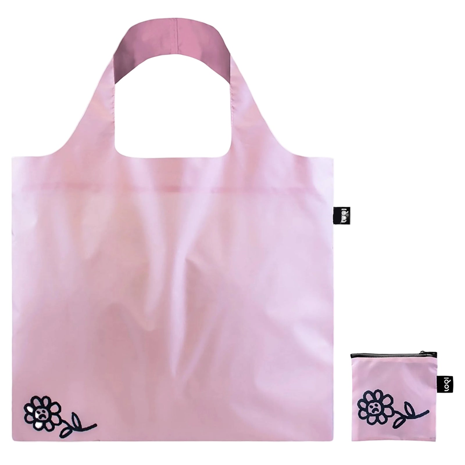 Pink tote bag with black text and a flower design on a white background