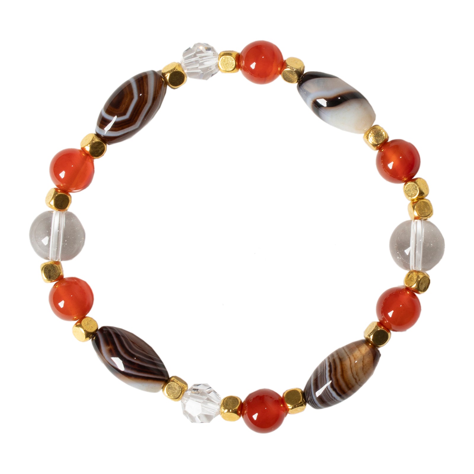 A bracelet with a mix of round and teardrop-shaped beads in shades of orange, white, and brown, accented with gold-colored beads, on a white background.