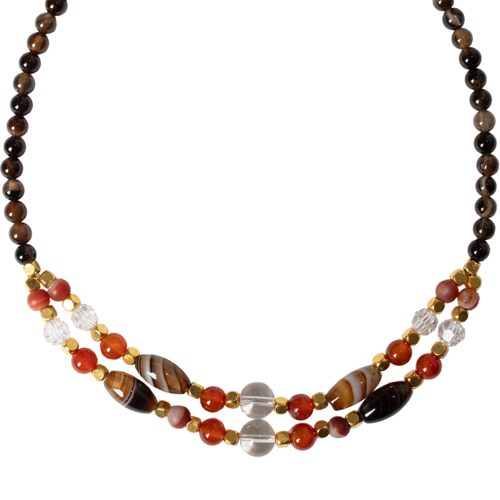A double strand choker necklace featuring gold-plated brass, carnelian, agate, and crystal beads.