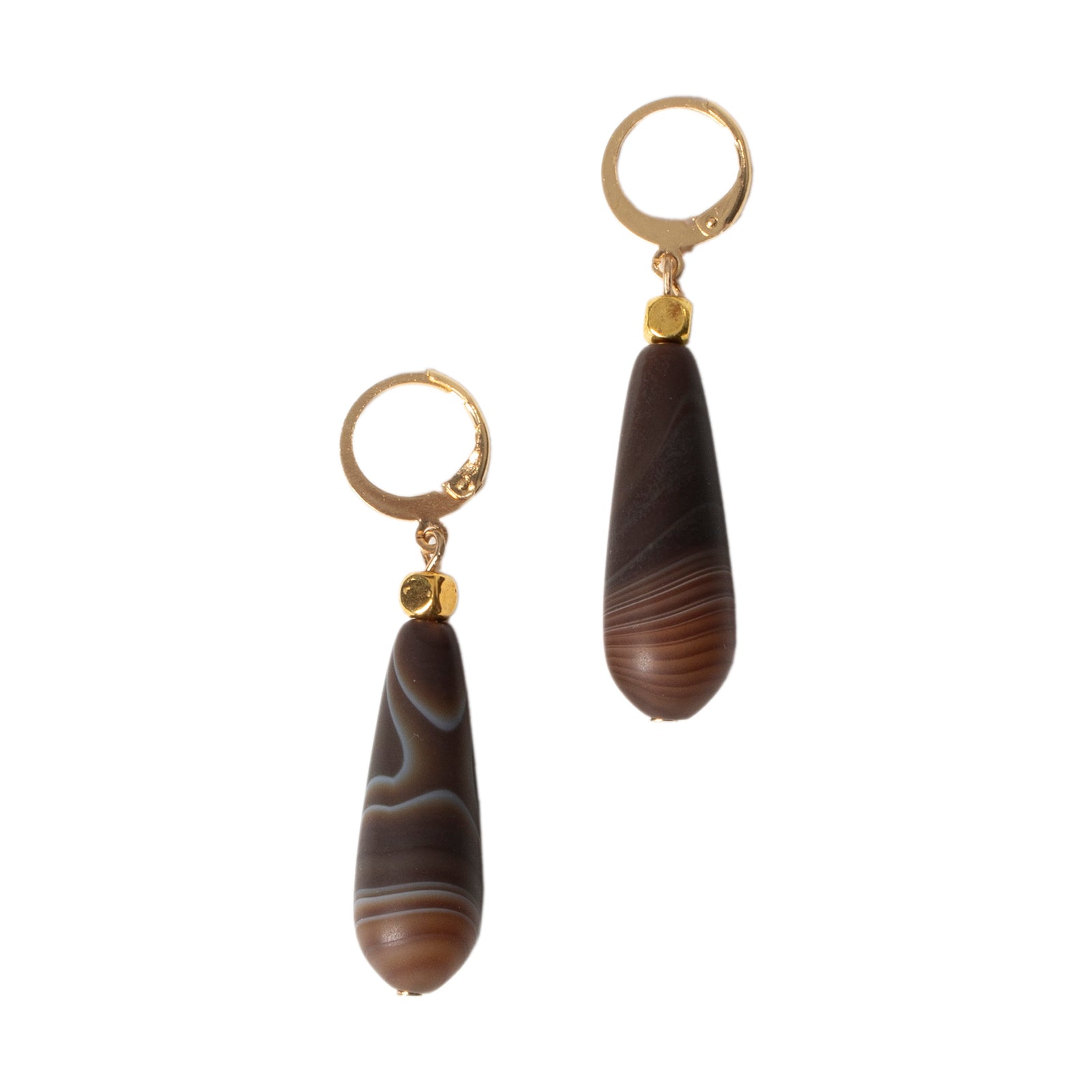 A pair of gold-plated brass earrings with long agate drops, featuring loop closures.