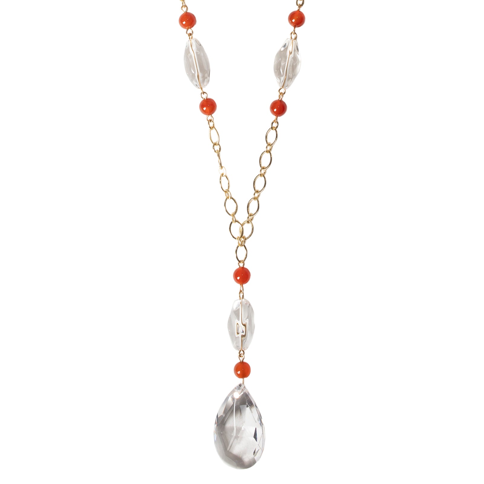 A gold-plated brass long necklace with a rock crystal pendant and carnelian and rock crystal beads in an elegant drape.