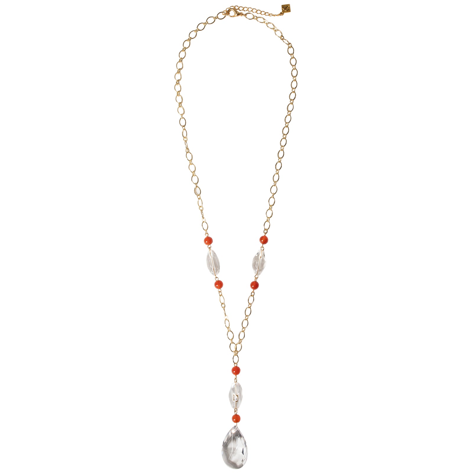 A gold-plated brass long necklace with a rock crystal pendant and carnelian and rock crystal beads in an elegant drape.