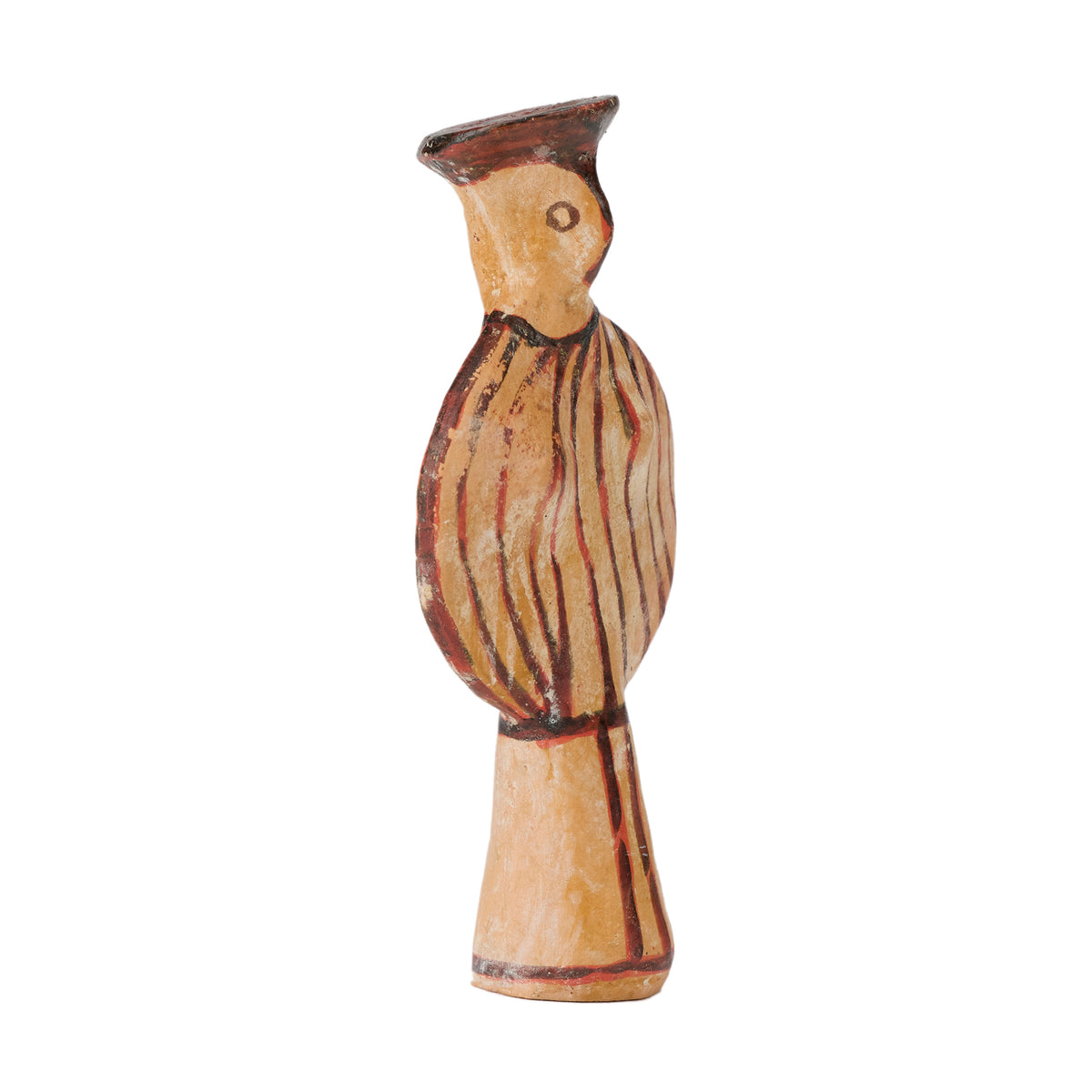 Ceramic figure with striped design on a white background