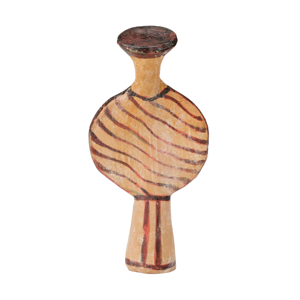 Ceramic figure with striped design on a white background