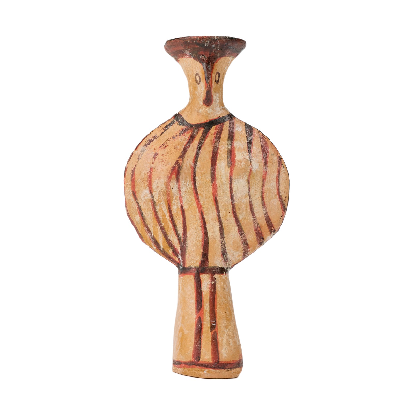Ceramic figure with striped design on a white background