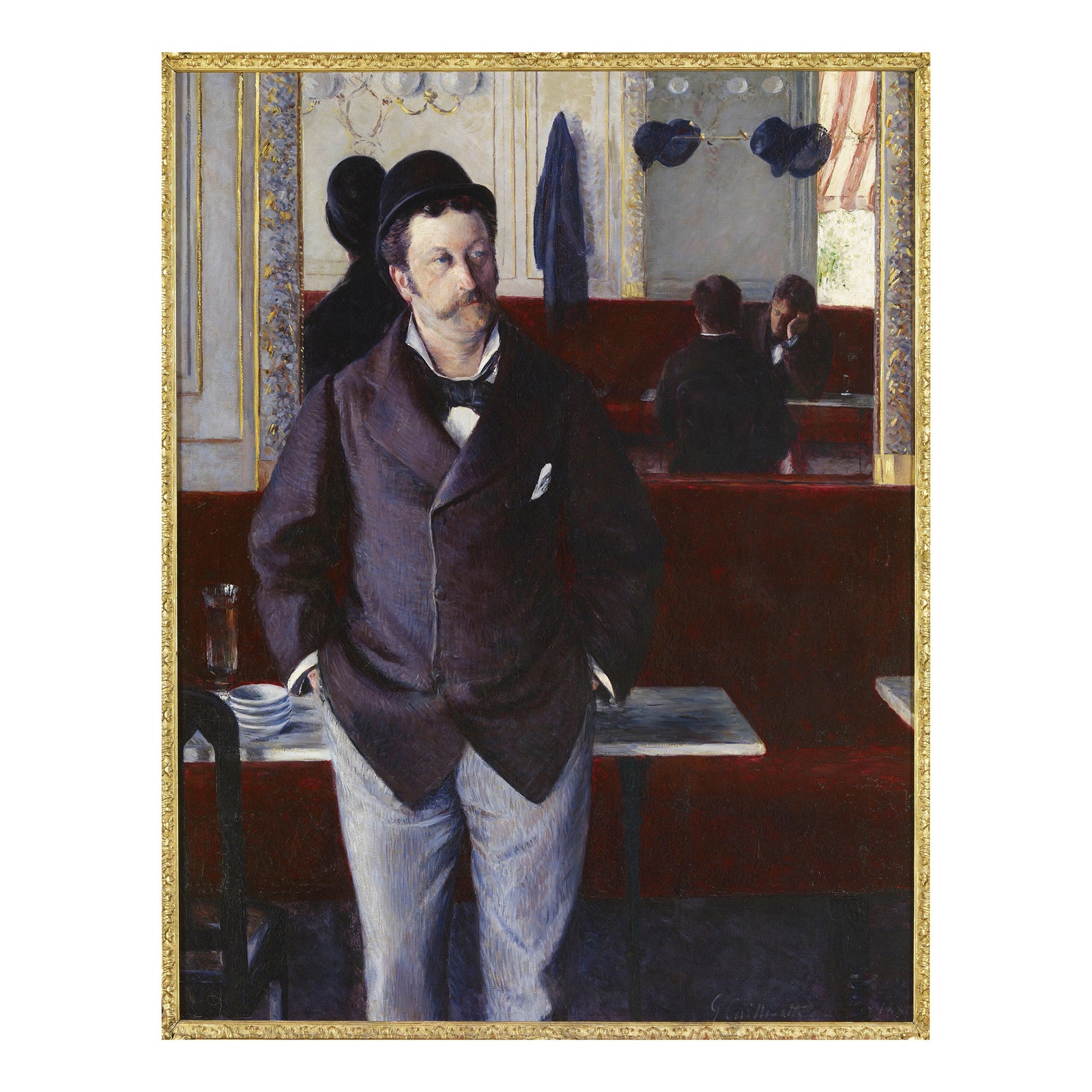 A magnet featuring a reproduction of Gustave Caillebotte's painting 'In a Cafe', depicting a man standing in a cafe setting.