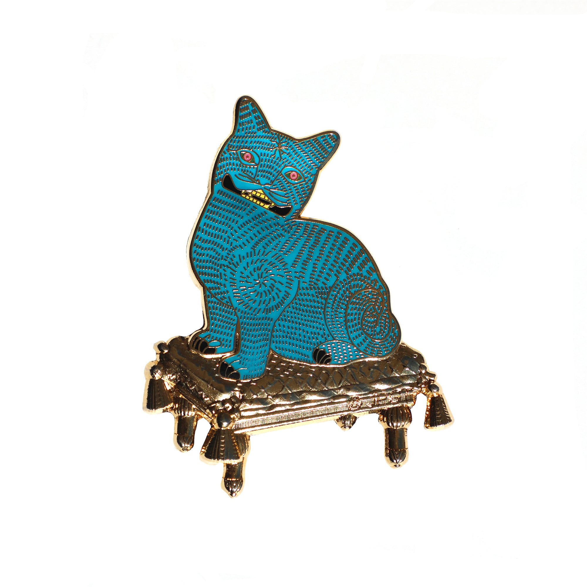 Blue cat figurine on a gold stand against a white background