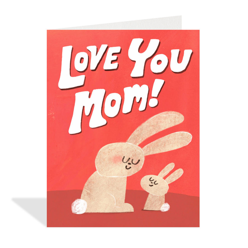 Greeting card with two bunnies and 'Love You Mom!' text on a red background