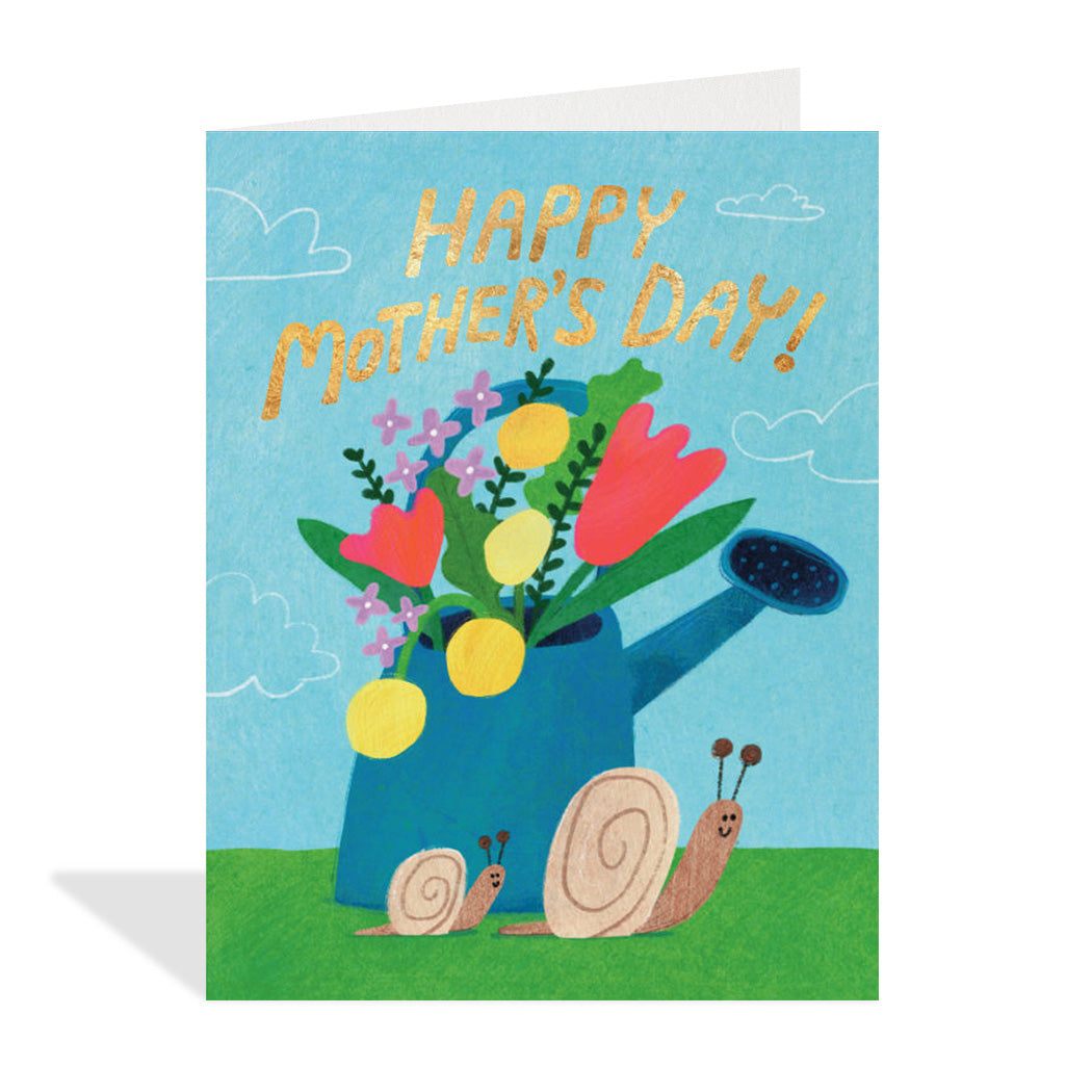 Mother's Day card with a colorful watering can and flowers on a blue background