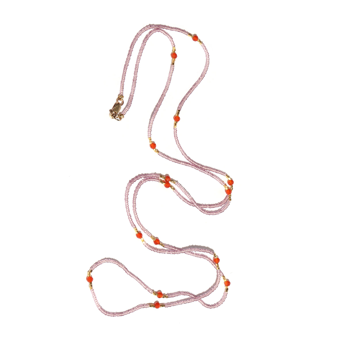 Beaded necklace with pink and orange beads on a white background