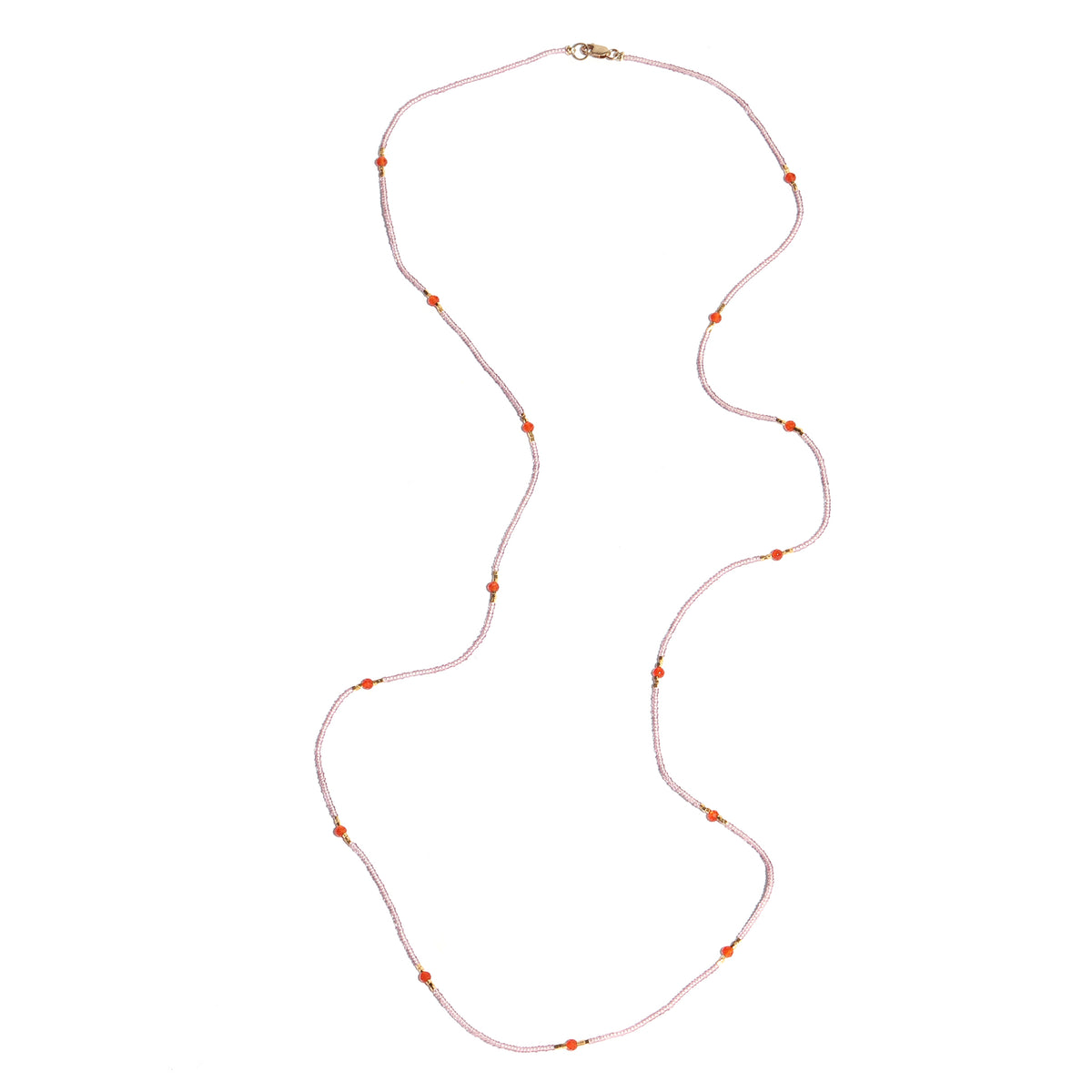 Necklace with small orange beads on a white background