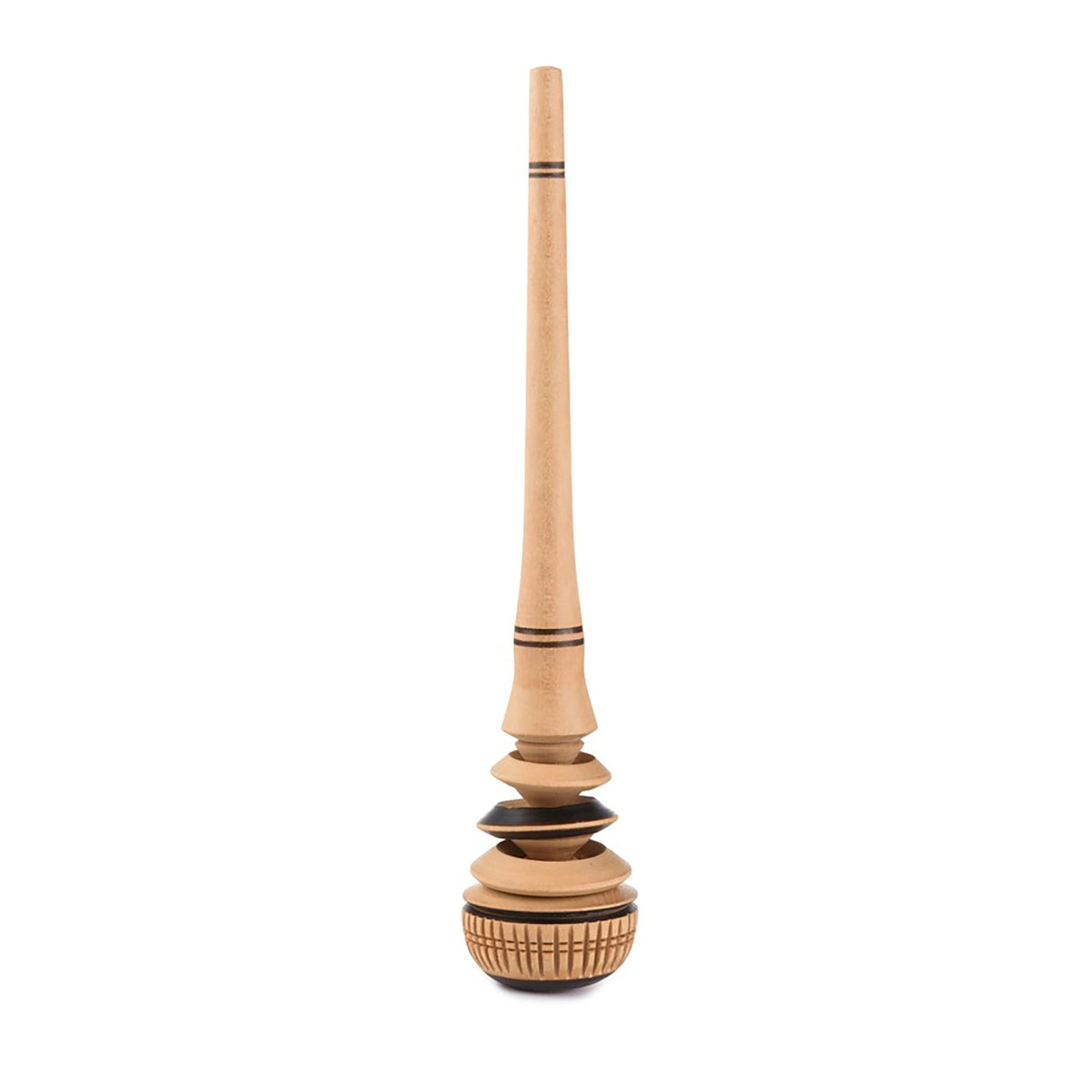 A handcrafted wooden spindle and whorl tool, featuring natural light wood with dark brown engraved stripes and geometric patterns, isolated on a solid white background.