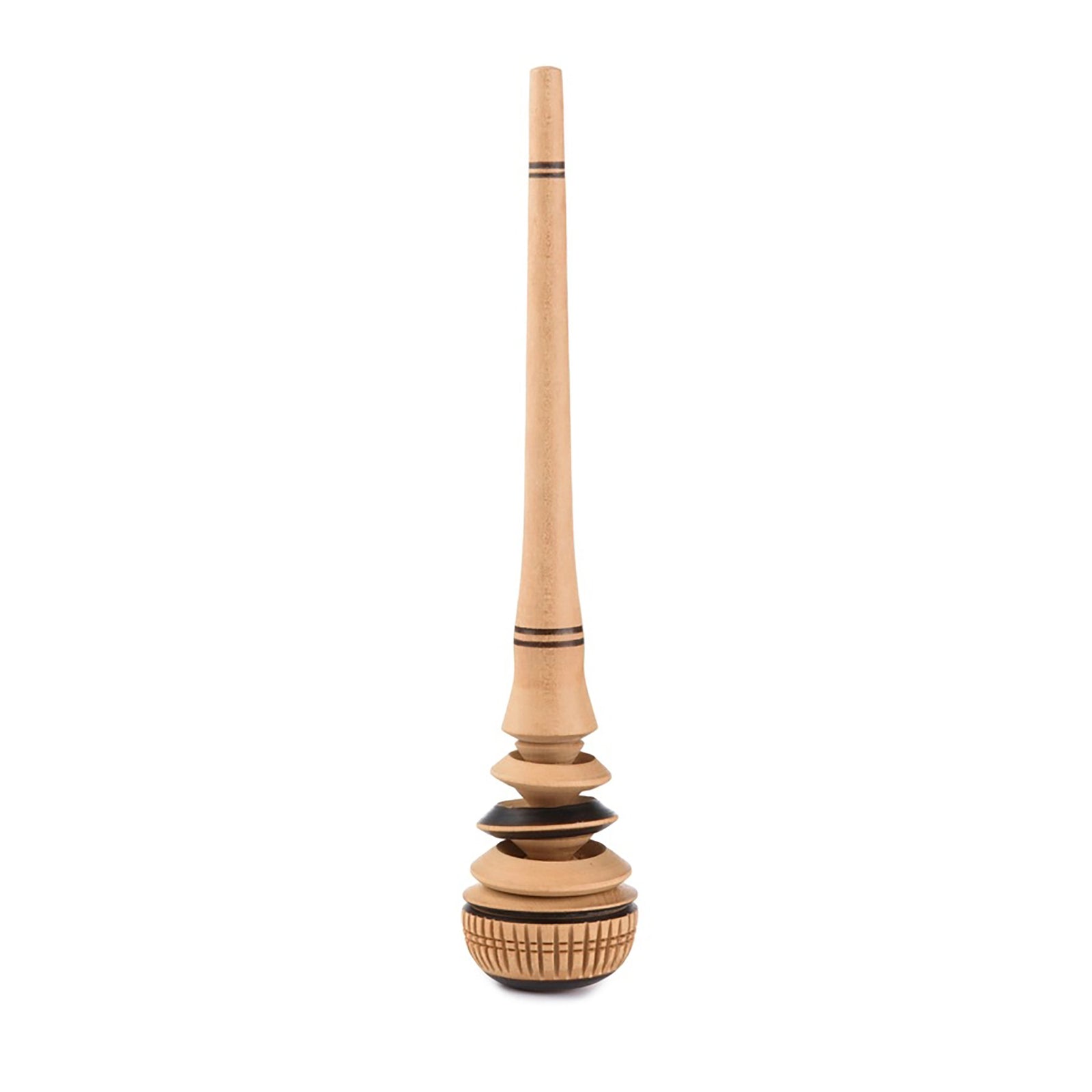 A handcrafted wooden spindle and whorl tool, featuring natural light wood with dark brown engraved stripes and geometric patterns, isolated on a solid white background.