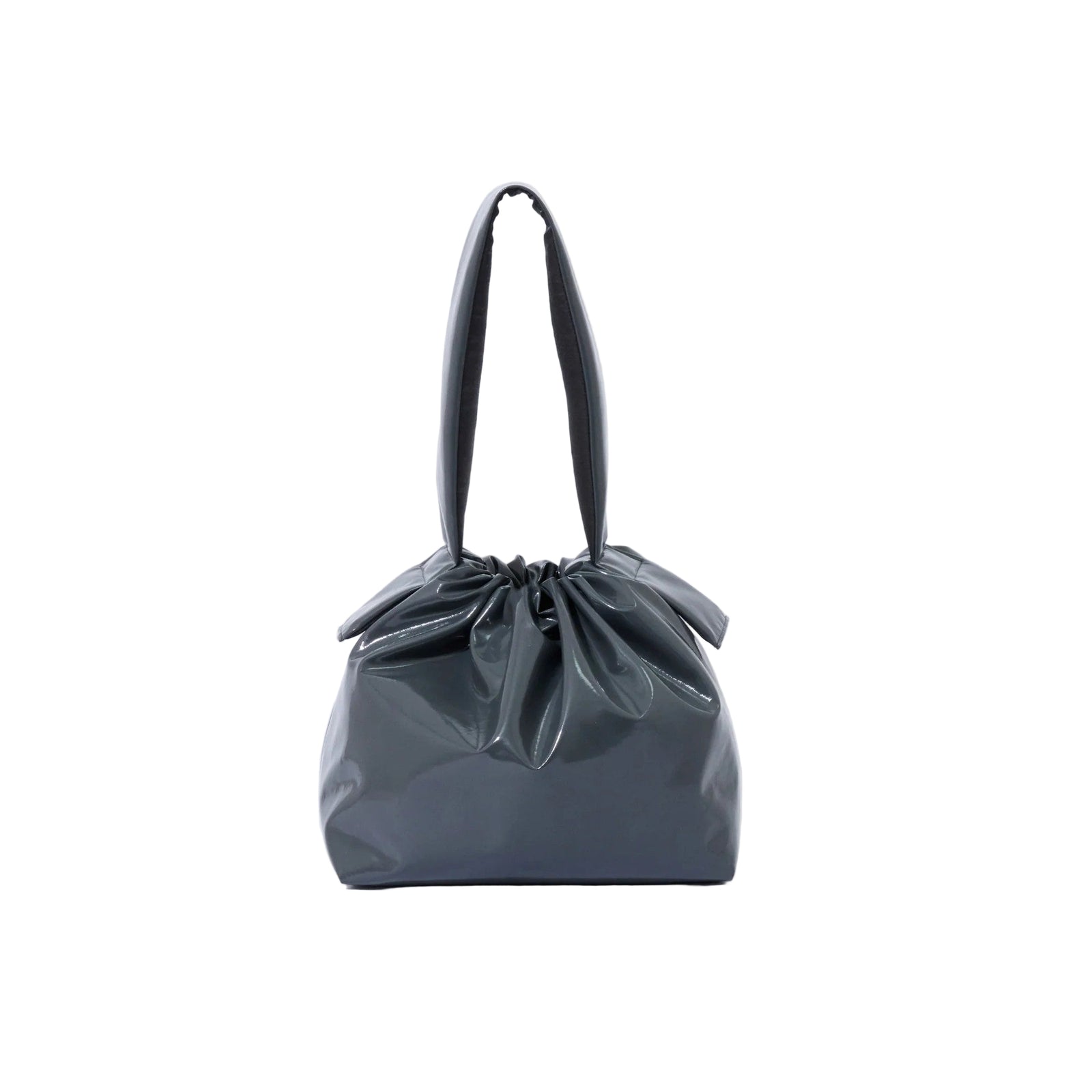 Gray handbag with a drawstring top on a light gray background