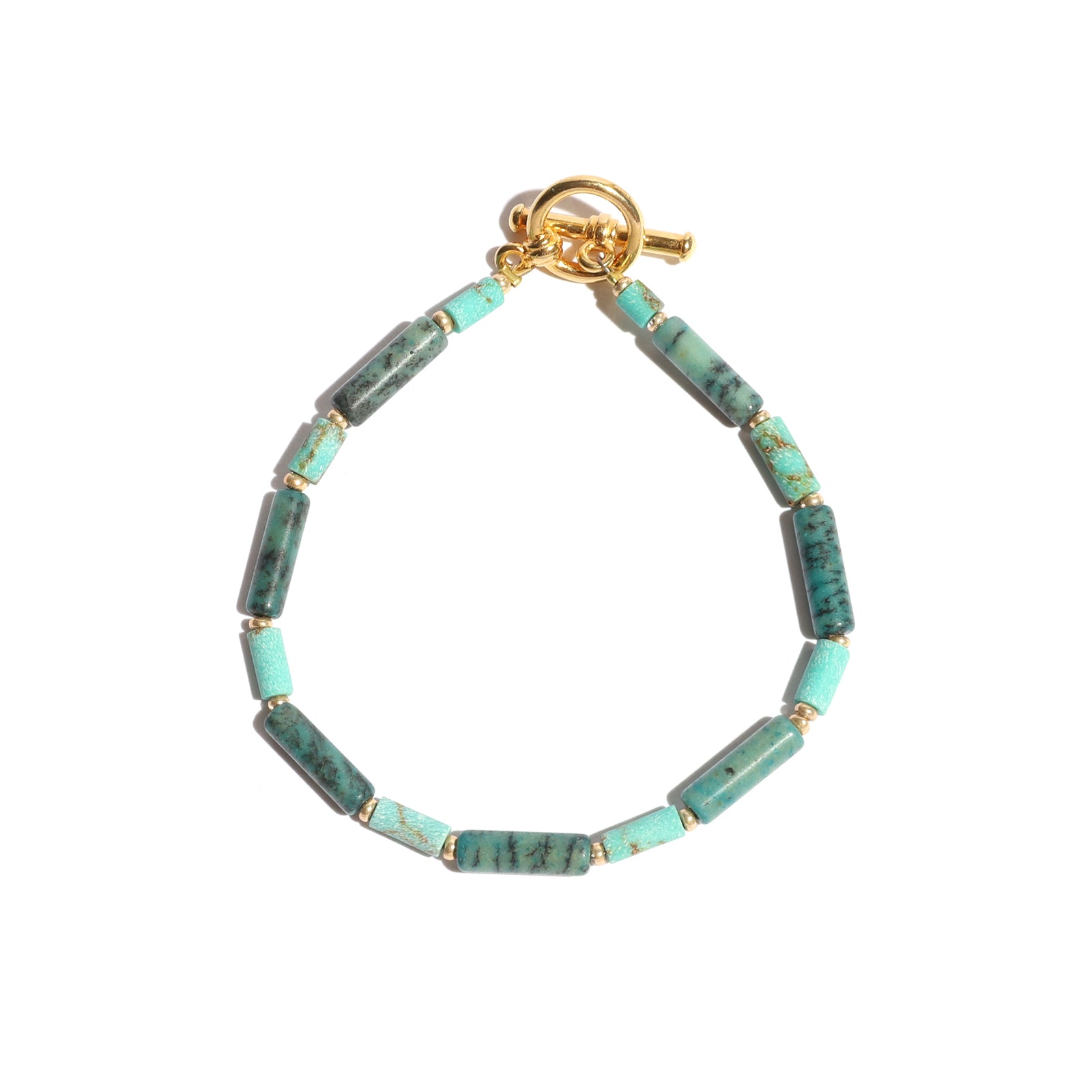 Turquoise beaded bracelet with gold accents on a white background
