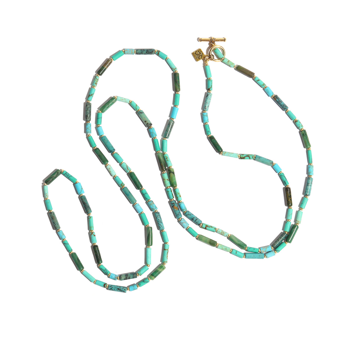 Turquoise and green beaded necklace on a white background