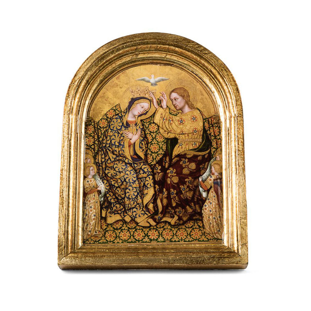A reproduction of a medieval panel painting depicting the Coronation of the Virgin, with intricate gold leaf detailing and figures in a decorative frame.