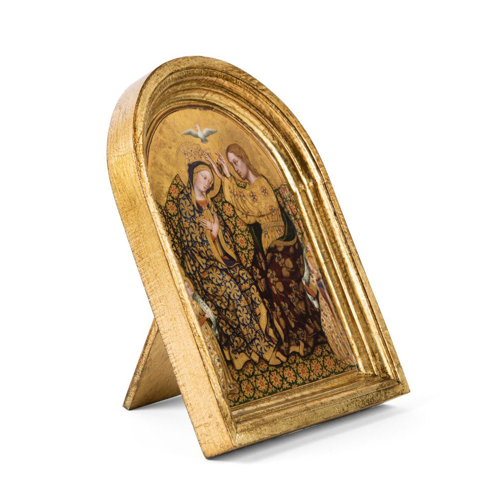 A reproduction of a medieval panel painting depicting the Coronation of the Virgin, with intricate gold leaf detailing and figures in a decorative frame.