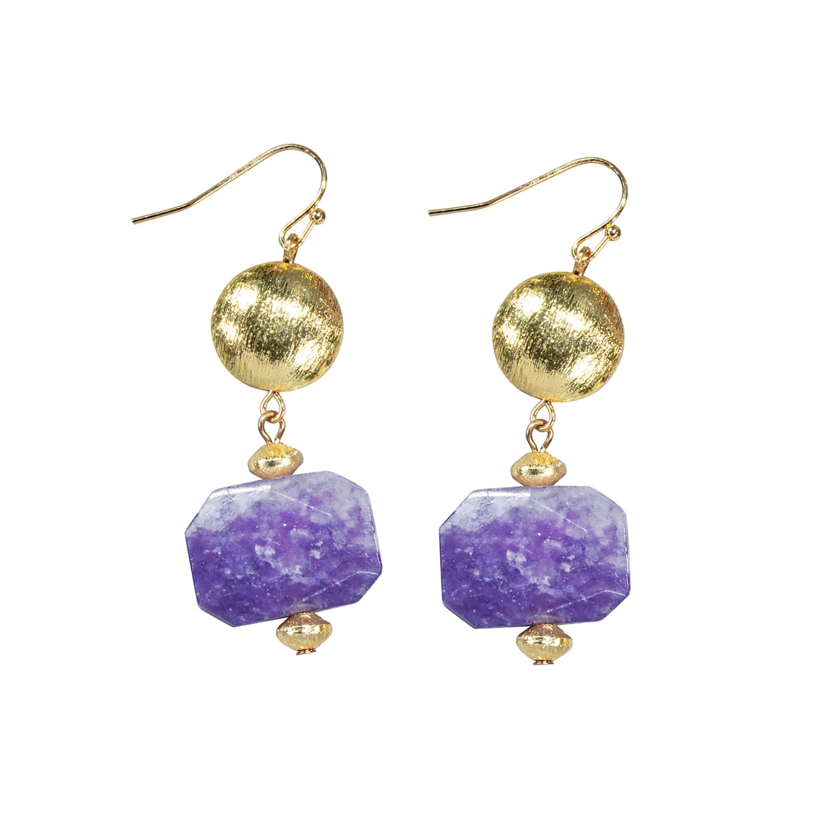 Gold and purple beaded earrings on a white background