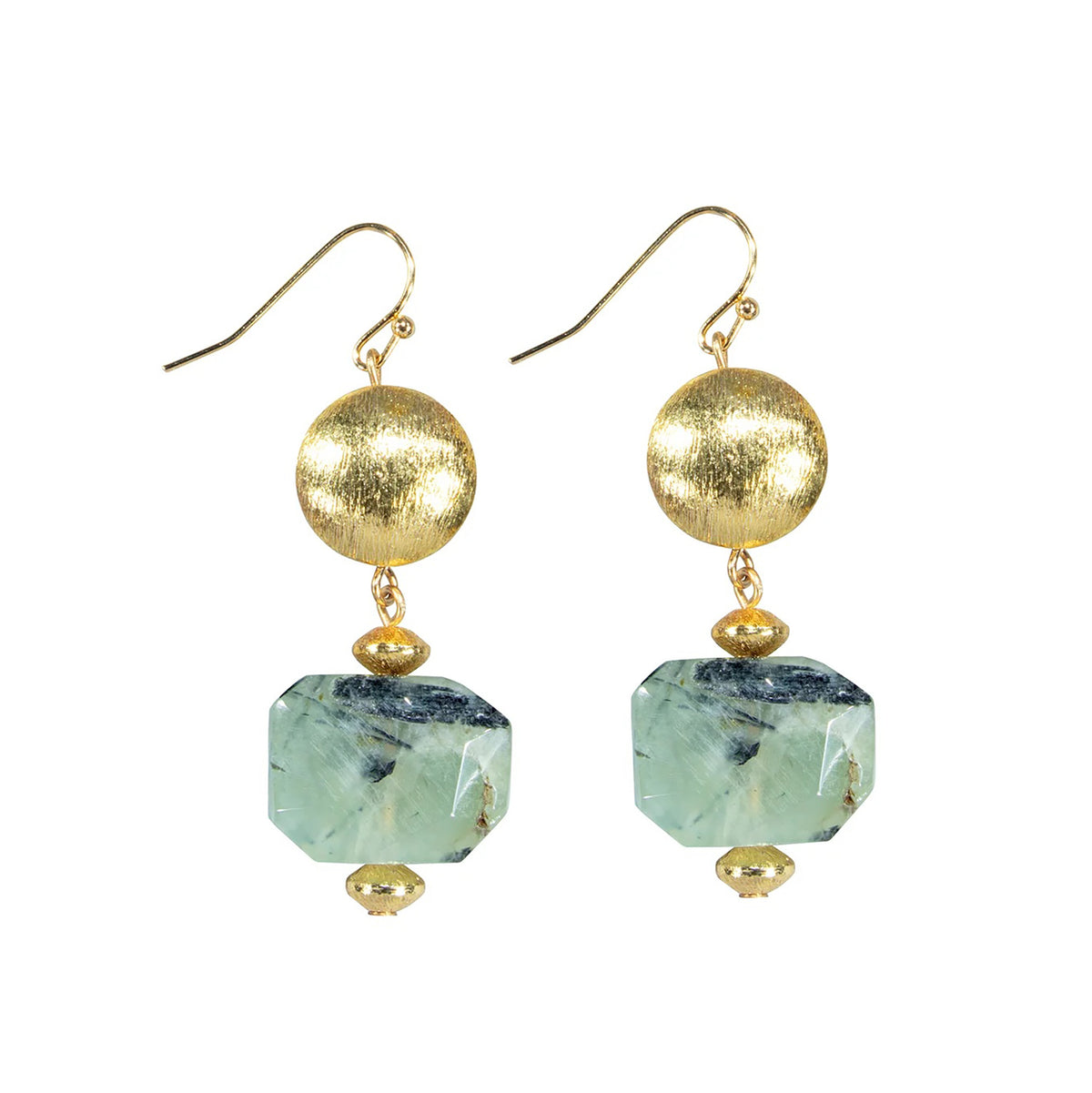 Gold and green stone earrings on a white background