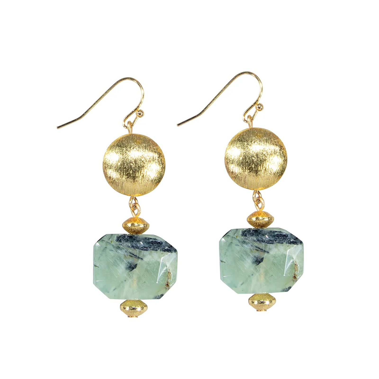 Gold and purple beaded earrings on a white background