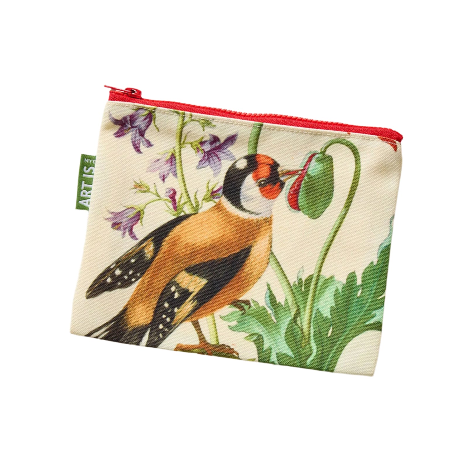 A zip pouch featuring a botanical illustration with a bird and plants on a white background, with a red zipper.
