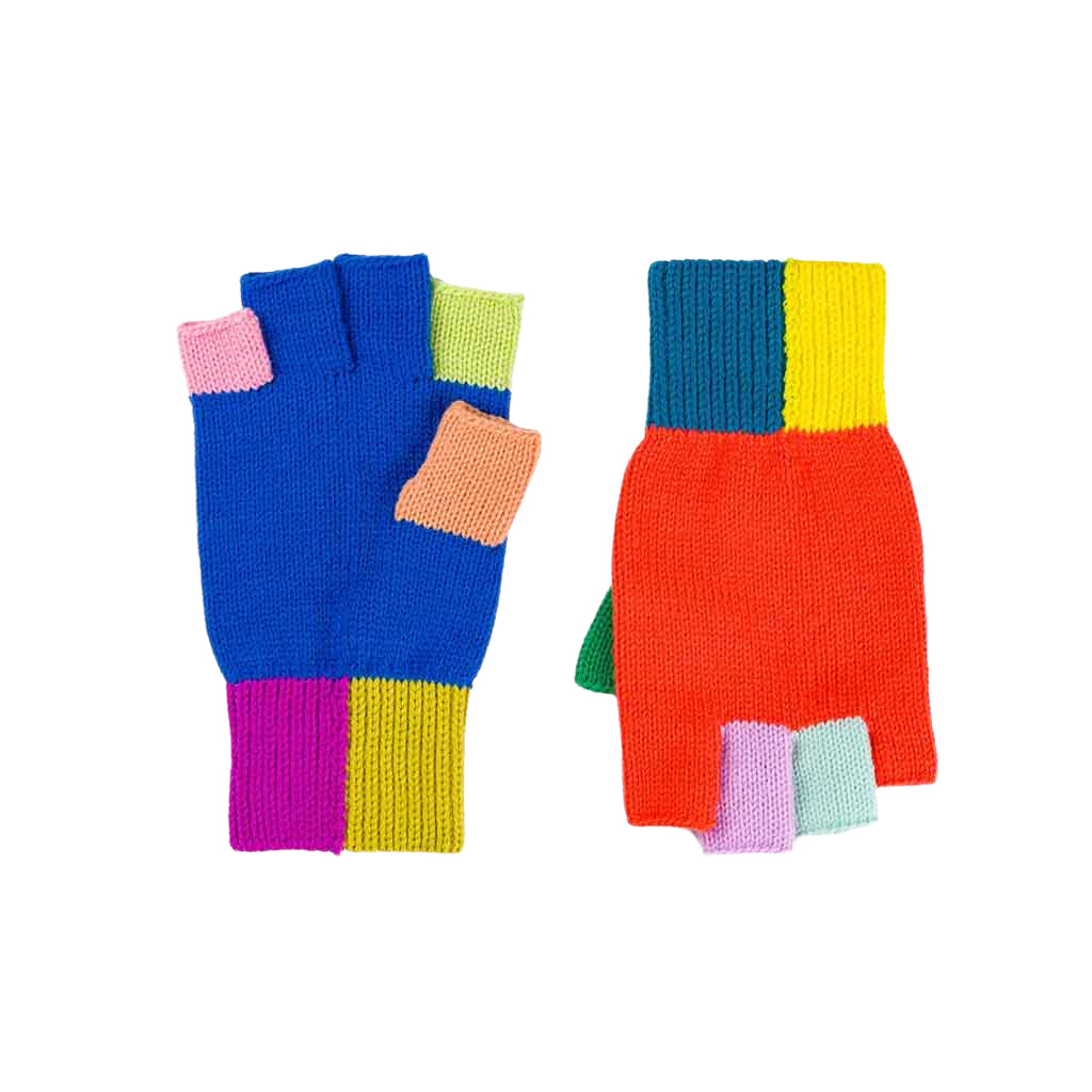 A pair of colorful fingerless knit gloves with a ribbed cuff. One glove is primarily blue with color blocks in pink and green, while the other is primarily red with color blocks in blue and yellow.
