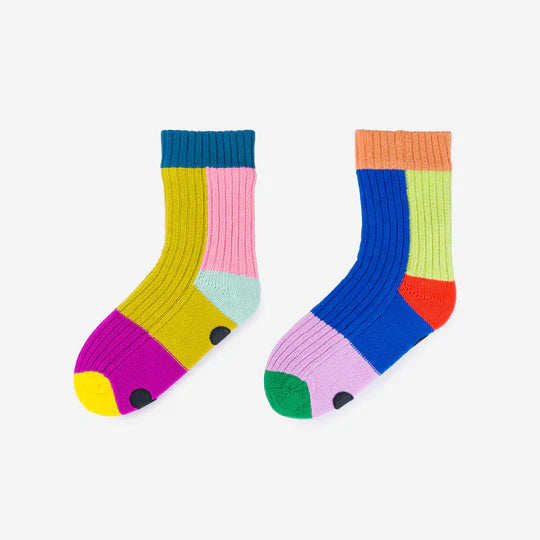Two colorful socks with a pattern on a white background