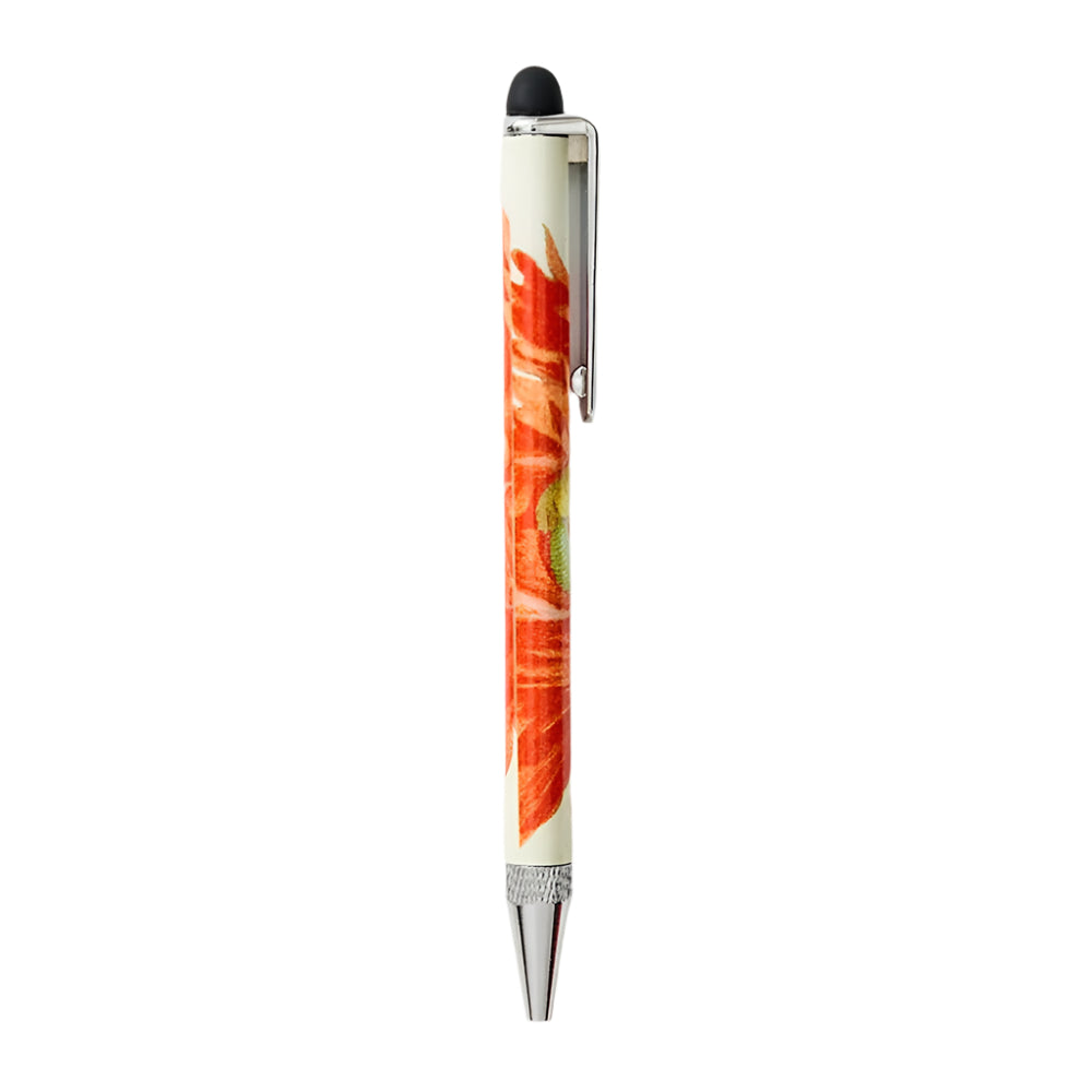 A black ink pen with a poppy illustration inspired by Maria Sibylla Merian's botanical work.