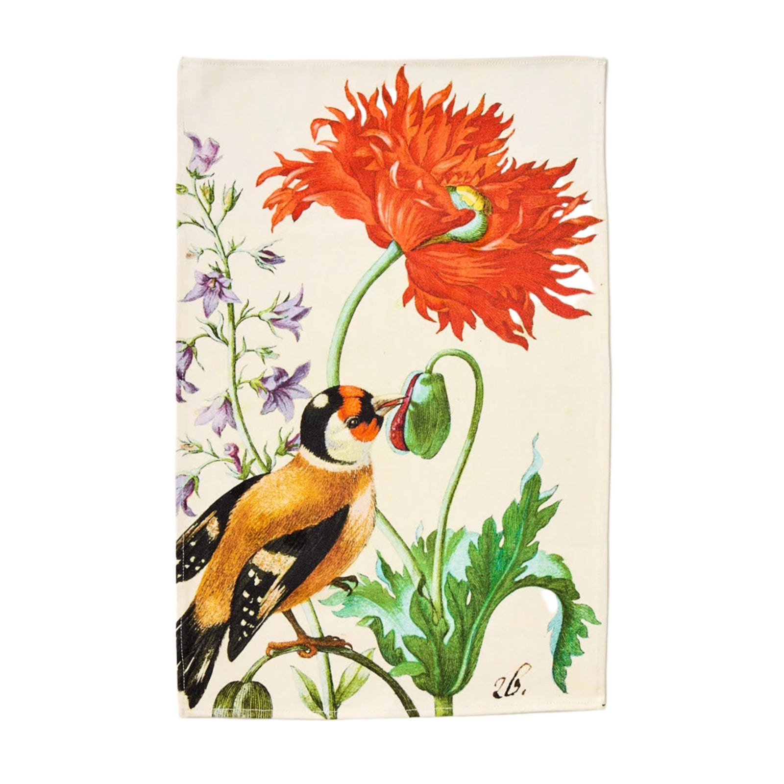 A tea towel with an illustration of a bird and a red flower, with green leaves on a white background.