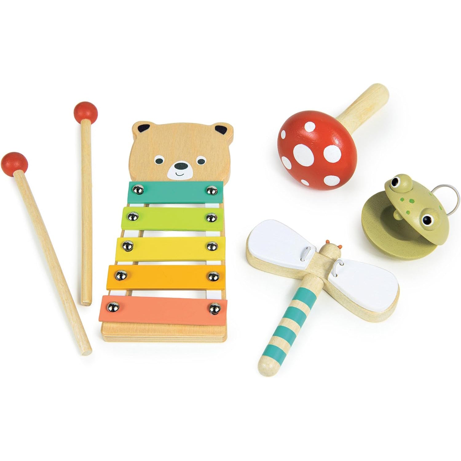 Set of colorful wooden musical instruments including a xylophone, mallets, and a bell on a white background.