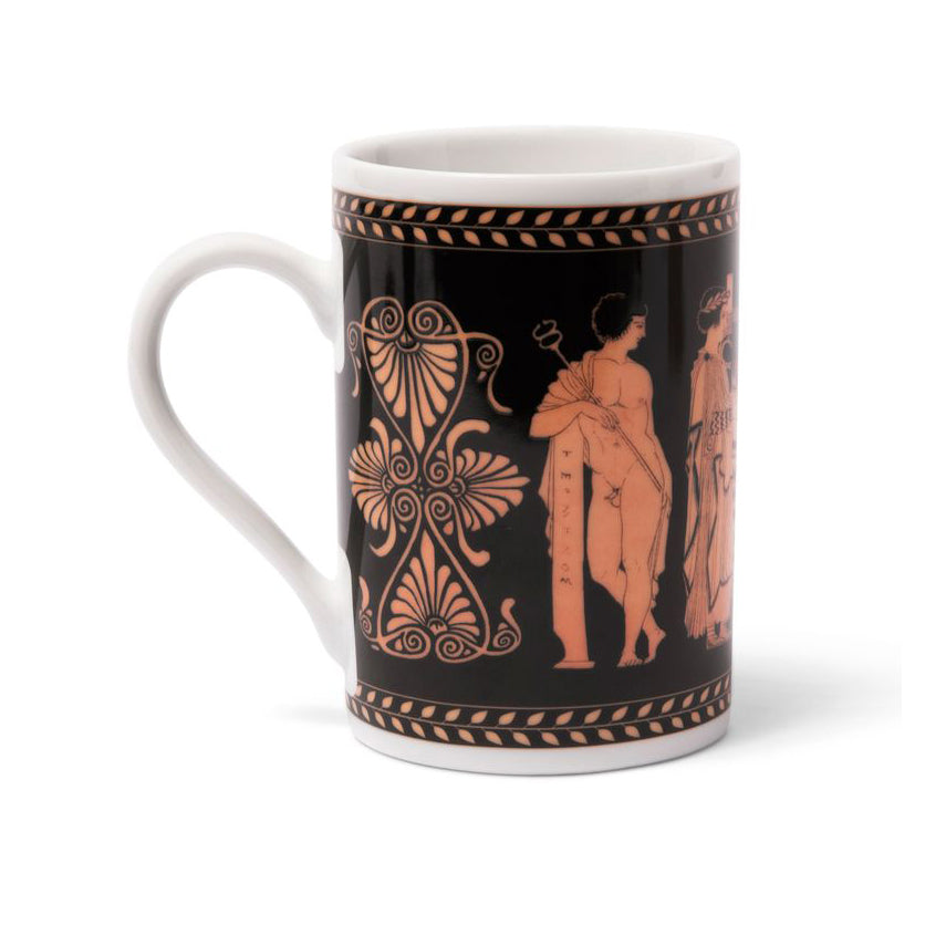 A porcelain mug with a printed red figure scene, featuring characters resembling Greek gods and a decorative pattern.