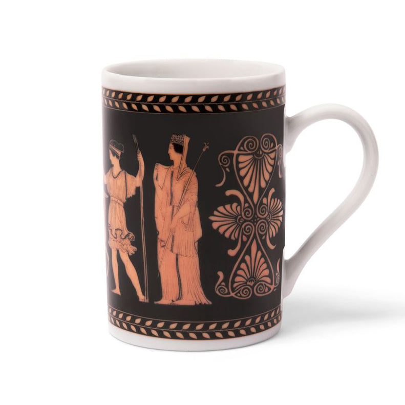 A porcelain mug with a printed red figure scene, featuring characters resembling Greek gods and a decorative pattern.