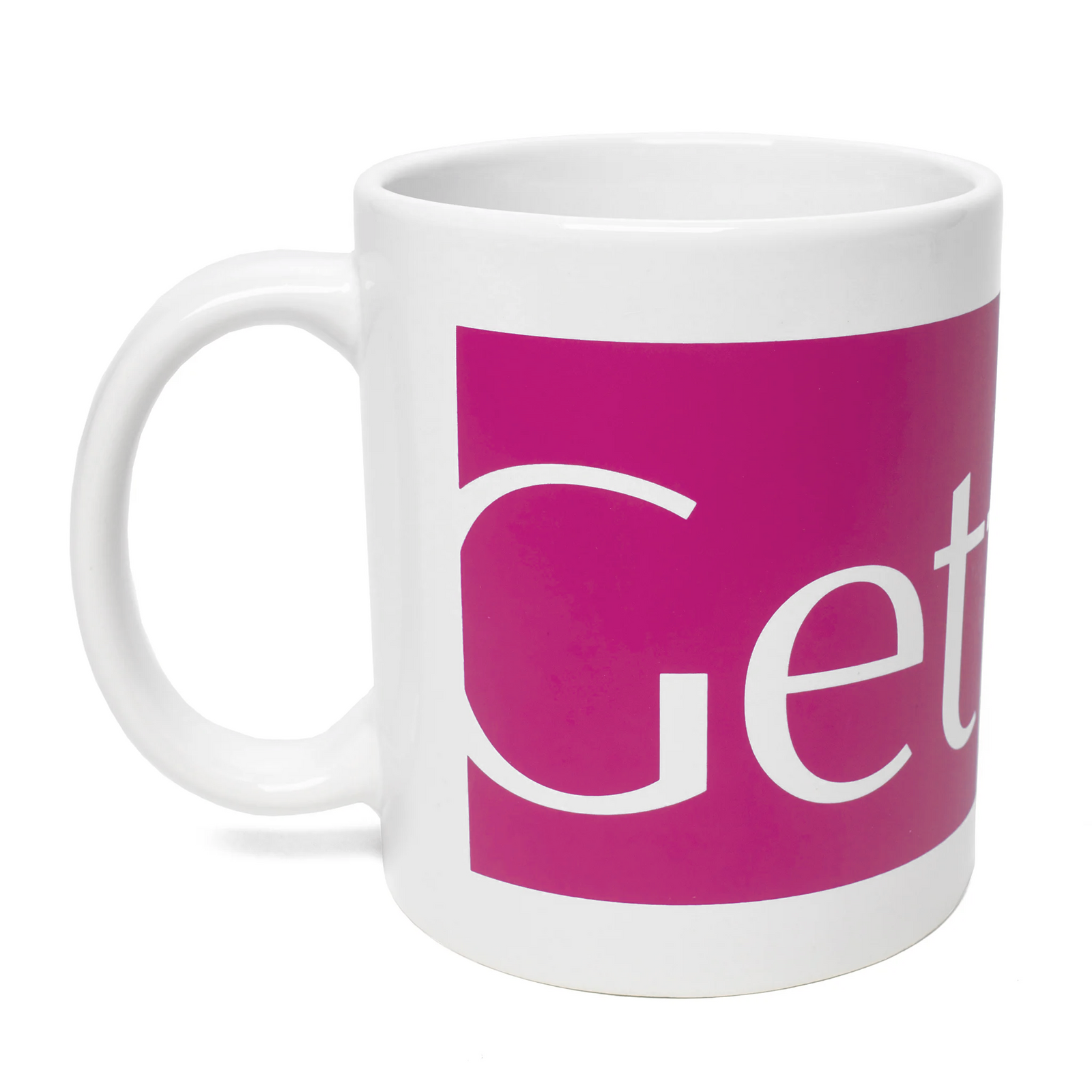 A ceramic mug with a pink stripe and the text 'Getty' and 'Los Angeles' on it, displayed in a three-position rotation.