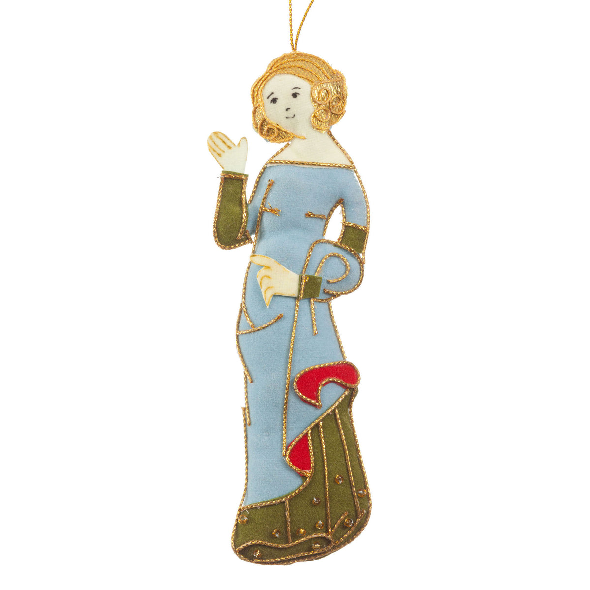 A vintage-style hanging ornament depicting a woman in a flowing light blue dress with olive green sleeves and hem, gold trim, and a red accent near the lower skirt, shown on a plain white background.