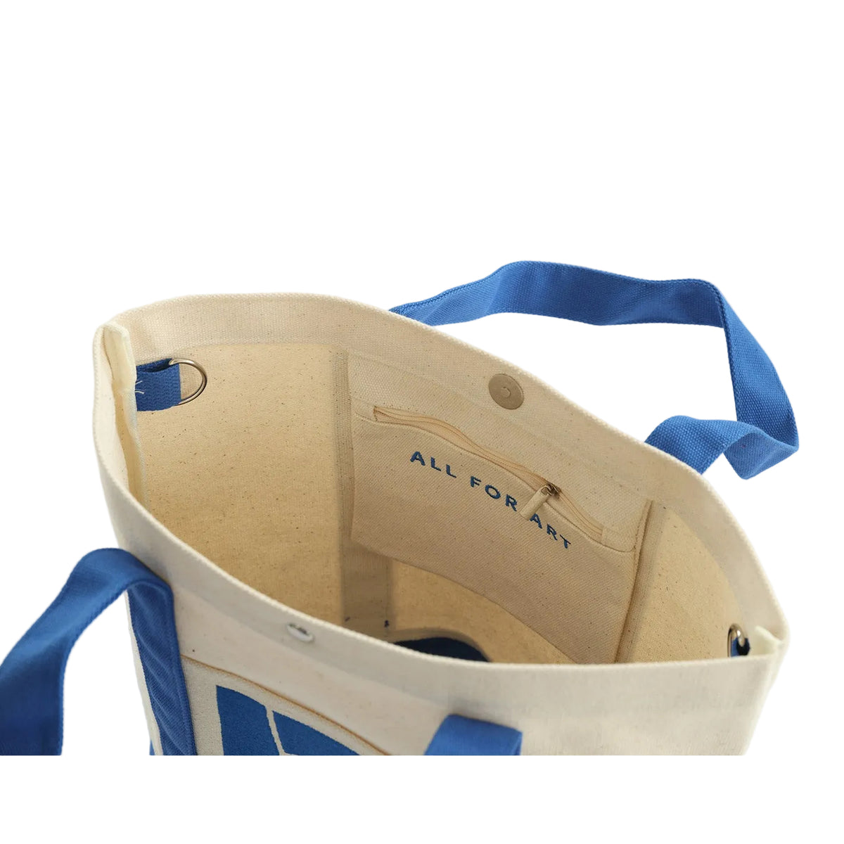 Inside view of canvas bag with "ALL FOR ART" written inside