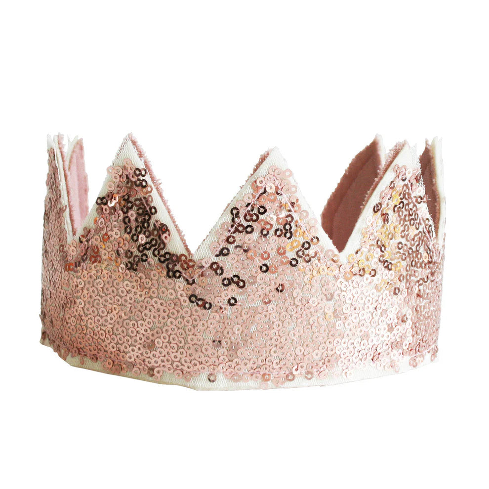 Rose gold tiara with sequins on a white background