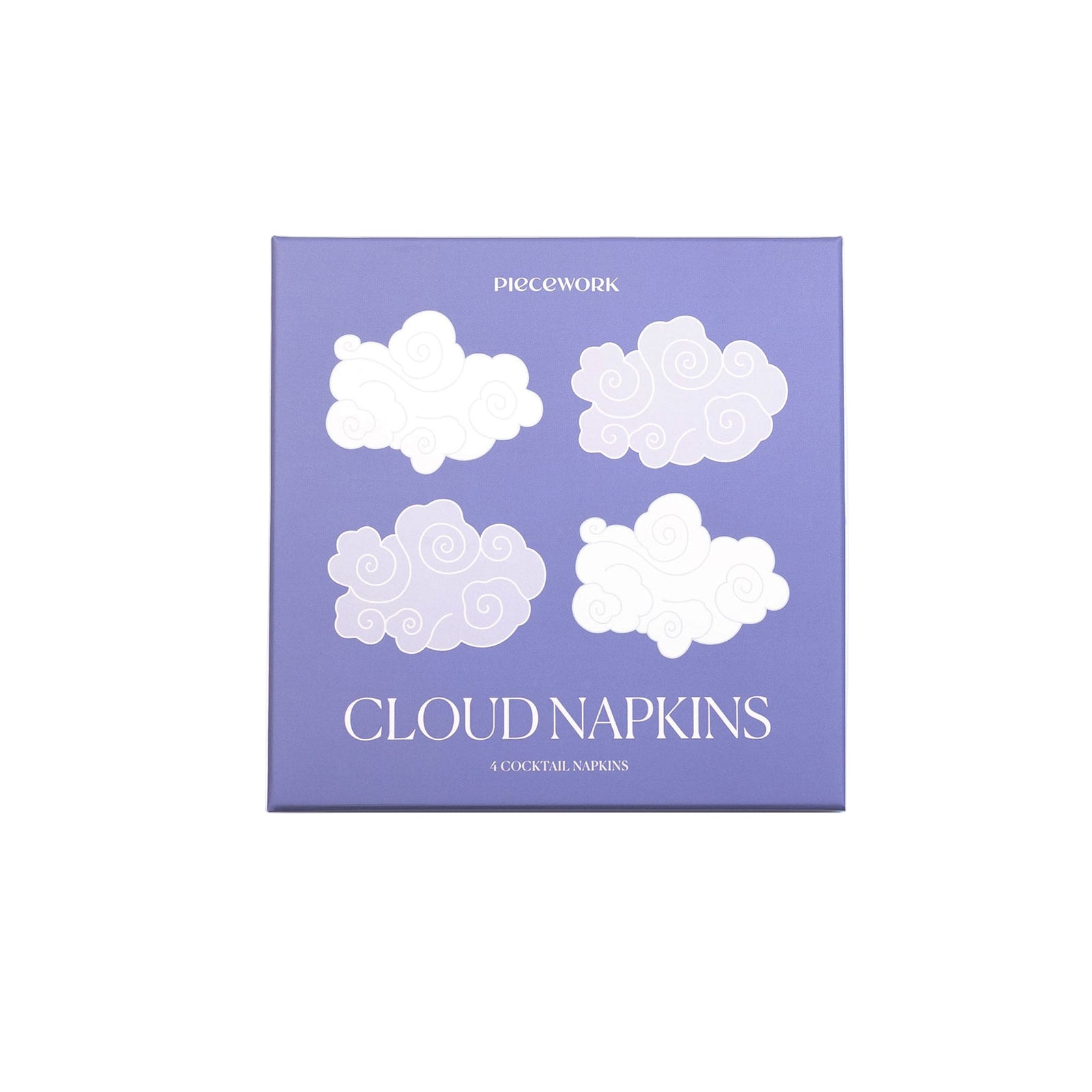 Pack of cloud-shaped cocktail napkins on a purple background with 'Piecework' branding.