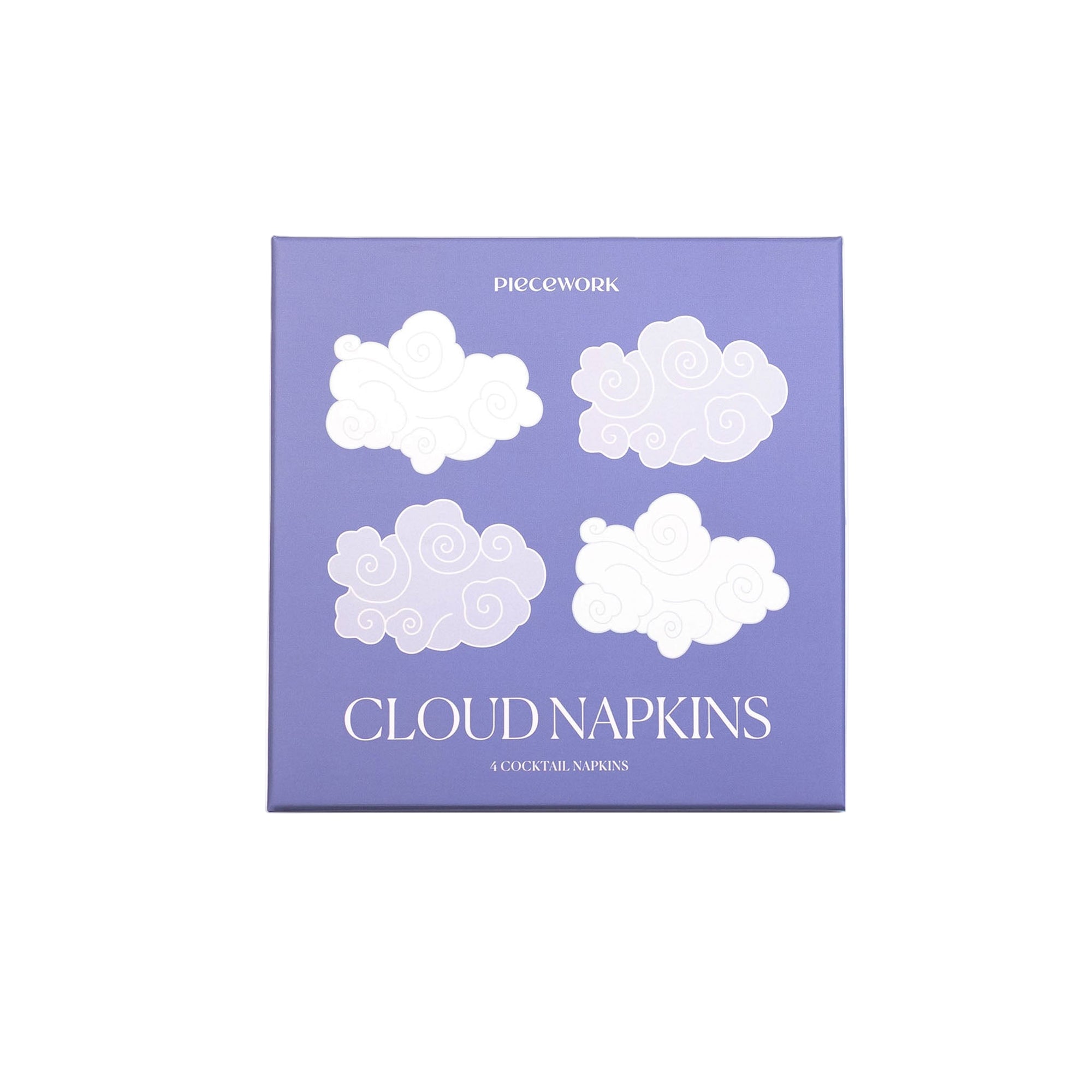 Pack of cloud-shaped cocktail napkins on a purple background with 'Piecework' branding.