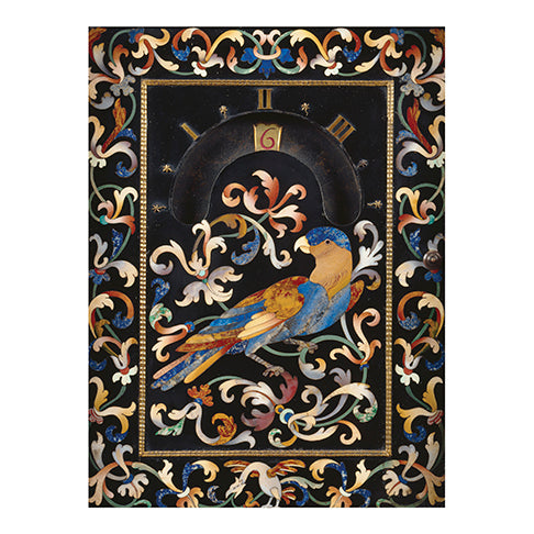 A notecard with the center artwork of Night Clock, a mosaic clock detail, featuring a bird and ornate frame.