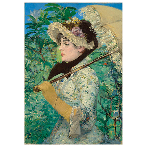 A notecard featuring a printed image of Edouard Manet's painting Jeanne (Spring), depicting a woman in a hat and gloves against a floral background.