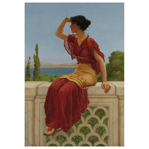 A notecard featuring a printed image of a painting depicting a woman in a red and gold dress sitting on a balcony, with a body of water and trees in the background.